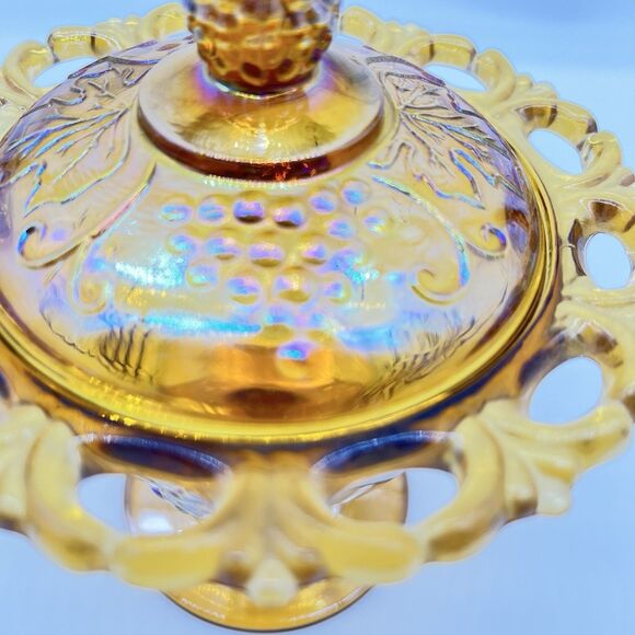 VTG 70s Indiana Amber Glass Carnival Autumn Harvest Grape Candy Jelly Dish w/Lid - Picture 4 of 11